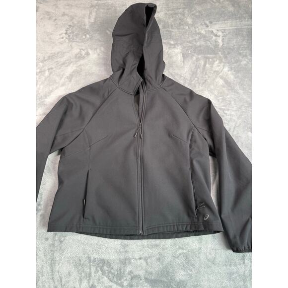 Asics Womens Shell Jacket Size Large Black Waterproof Hooded Zip Pockets - Picture 7 of 7